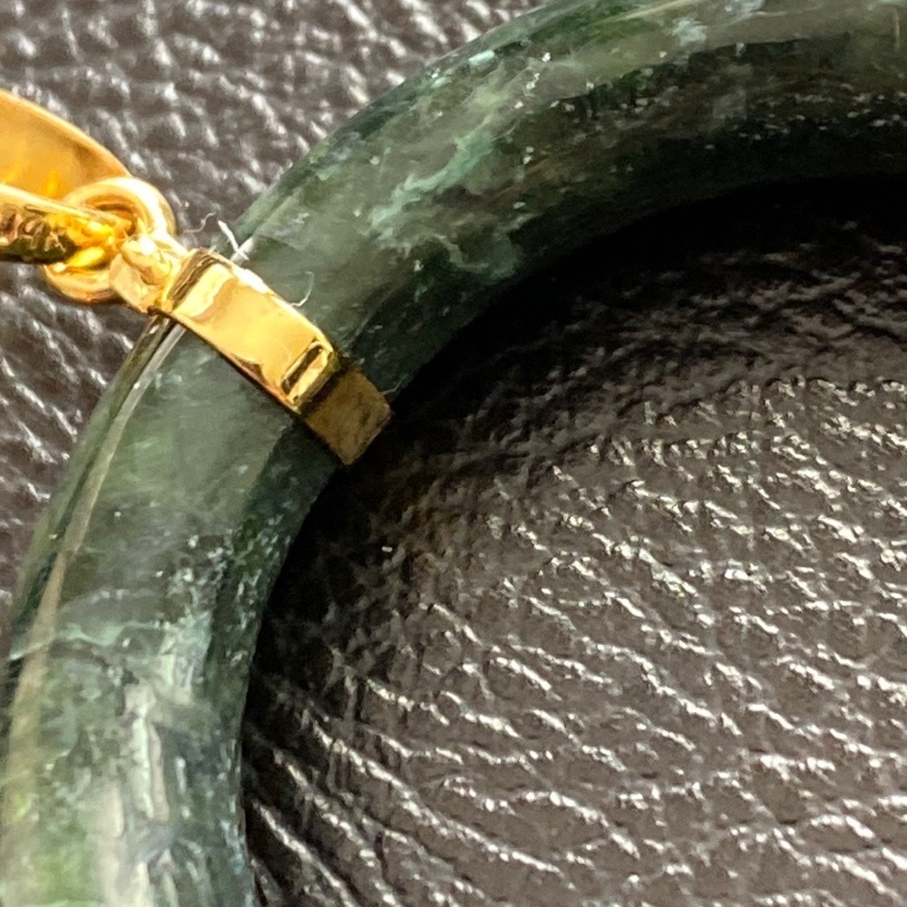 14k Solid Gold Large Green Round Circle Jade Pend… - image 7